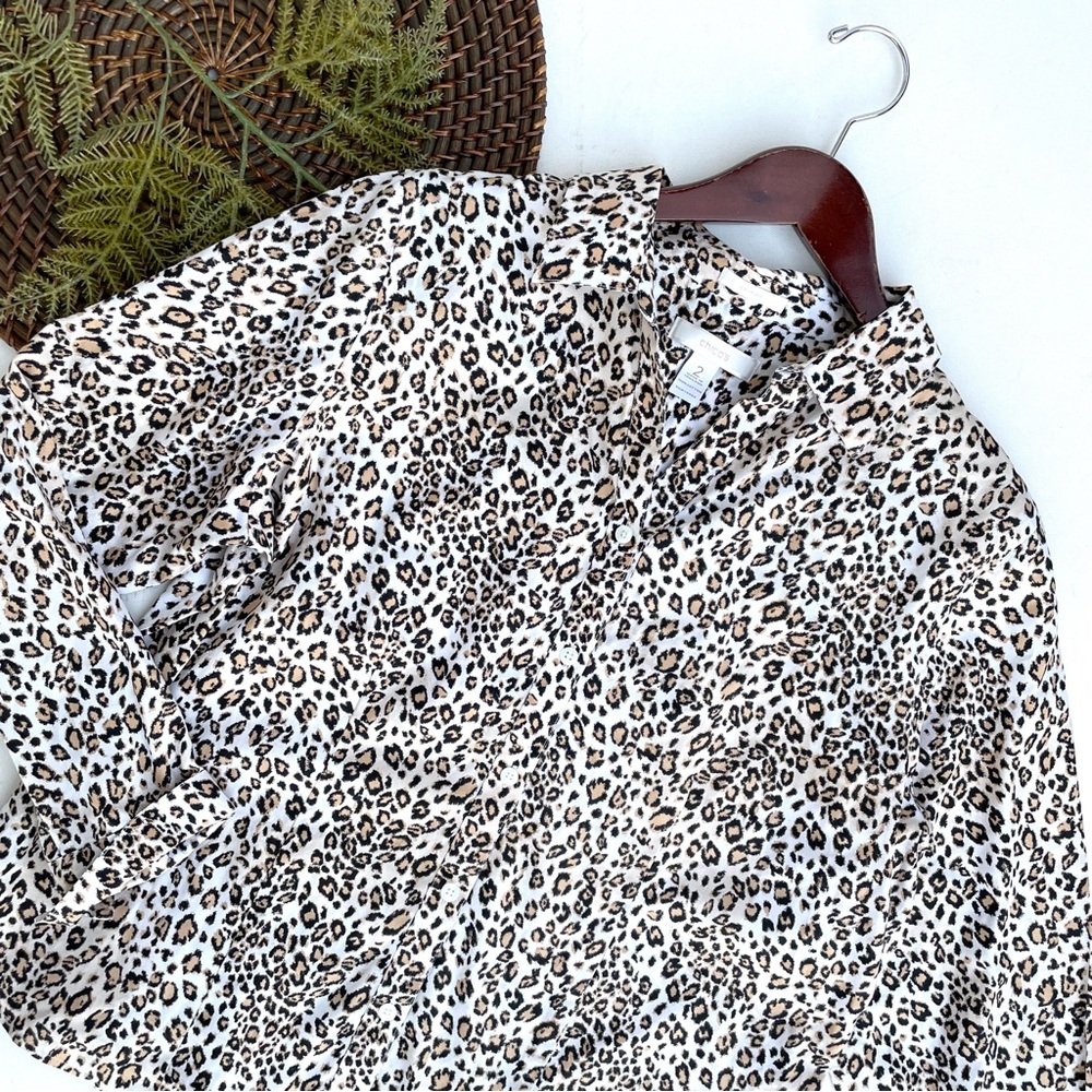 Chico’s Womens Shirt Cream Tan Leopard Animal Print Button Up Long Sleeve Large